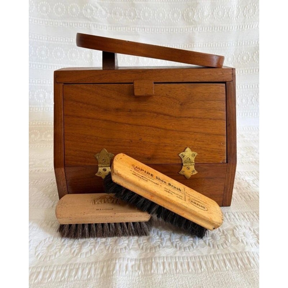 Vintage Wood Shoe Shine Box Walnut MCM Valet Caddy Brass Kiwi Empire Brushes